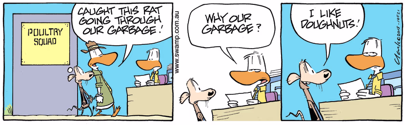 Chives Rat is arrested for going through the garbage of the poultry squad. Swamp Cartoon - Chives Rat Garbage ComicAugust 20, 2024