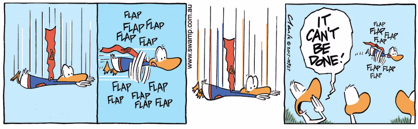 An aviator duck is flying like Superman and the other ducks said it couldn't be done. Swamp Cartoon - Flying Like Superman ComicAugust 21, 2024