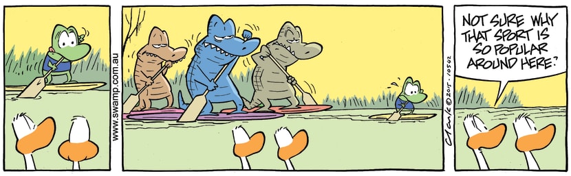 Swamp Cartoon - Crocodiles Paddle Boarding ComicOctober 13, 2015