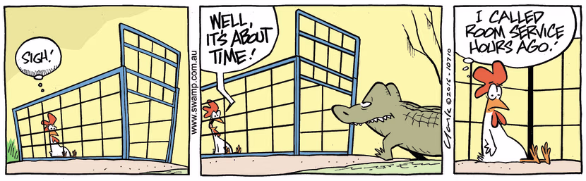 The Chicken has been waiting ages for room service and relieved it finally has arrived. Swamp Cartoon - Chicken Waiting for Room ServiceApril 26, 2016