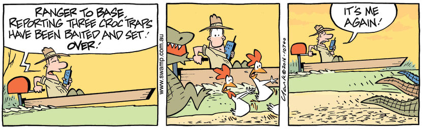 Park Ranger advises baited traps to catch three rogue crocs only to see chickens running past him. Swamp Cartoon - Ranger Crocodile TrapsMay 31, 2016