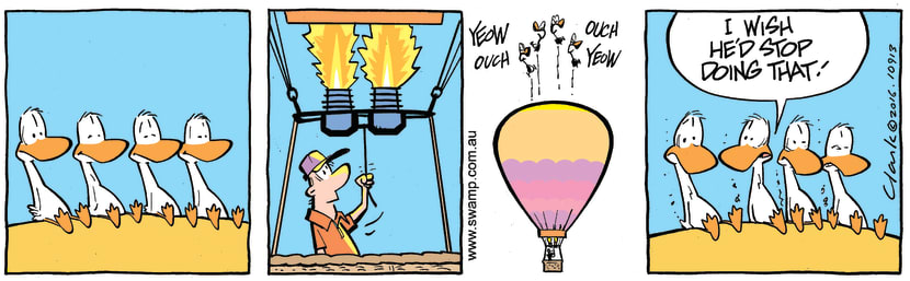 The Swamp Ducks are happily enjoying a ride on the hot air balloon when it gets a burst of heat. Swamp Cartoon - Ducks Hot Air BalloonDecember 19, 2016