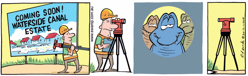 With a new canal estate coming soon the surveyor is scoping out the landscape when he sees something unexpected. Swamp Cartoon - New Canal EstateDecember 21, 2022