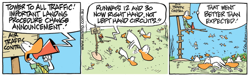 Air Traffic Controller makes an announcement regarding important procedure change. Swamp Cartoon - Air Traffic Control AnnouncementSeptember 15, 2017