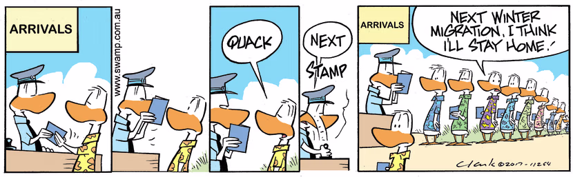The Swamp Ducks discover that passing through Customs is very slow with lengthy delays. Swamp Cartoon - Customs Delay MigrationFebruary 5, 2018