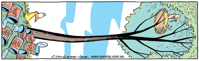 Mother Bird is feeding baby bird with worms out of can; can't be bothered cooking. Swamp Cartoon - Can of Worms ComicJuly 21, 2018