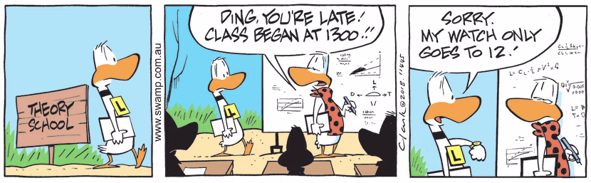 Ding Duck arrives late for his flying lesson as his watch only goes to 12.00pm... Swamp Cartoon - Ding Duck Arrives LateSeptember 3, 2018