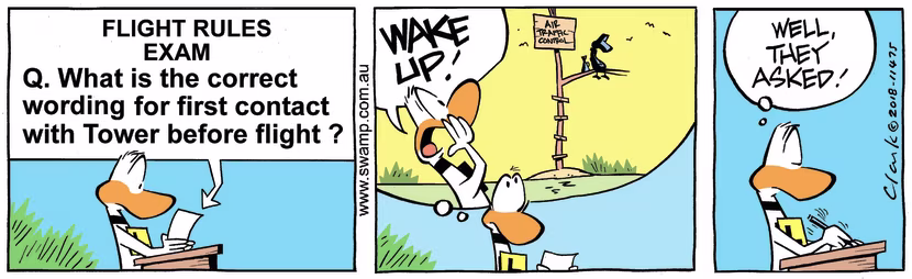 Ding Duck is answering exam question for correct wording in first contact with air traffic control tower. Swamp Cartoon - Ding Duck Tower ContactOctober 8, 2018