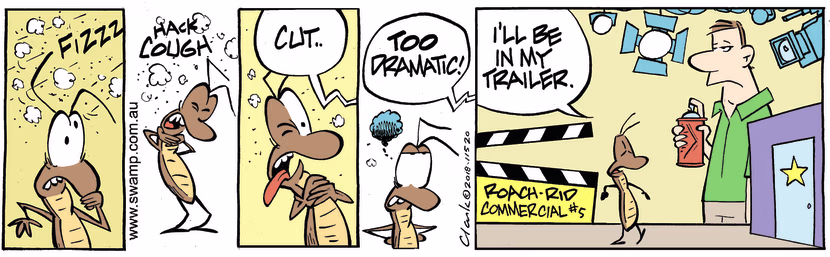 During filming for a television commercial, the director tells cockroach his performance is too dramatic so he sulks. Swamp Cartoon - Television CommercialAugust 22, 2023