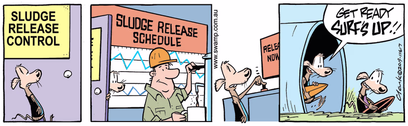 Chives Rat is at Sludge Release Headquarters and he has the job to press the button to scedule the release. Swamp Cartoon - Sludge Release HeadquartersOctober 16, 2023