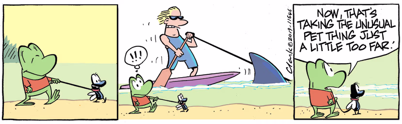 While walking his pet fly, Fergus Mort frog thinks it's bit much human is surfing his shark. Swamp Cartoon - Swamp Pet Shark ComicApril 27, 2019