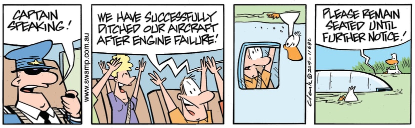 This is your captain speaking. We have successfully ditched the aircraft. Please remain seated. Swamp Cartoon - Your Captain SpeakingJune 7, 2019