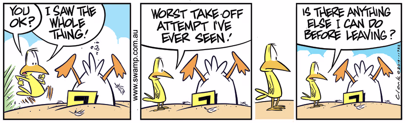 The Bird sees Ding Duck has crashed again. His advice is to declare it's the worst take-off ever. Swamp Cartoon - Ding Duck Worst Take-offJuly 24, 2019