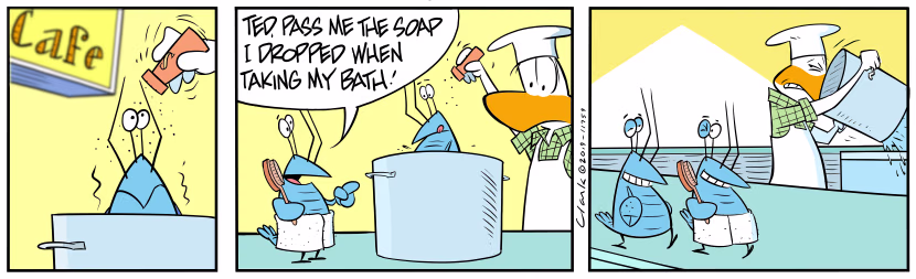 Bob Crayfish and his mate Ted are messing with the Swamp Chef pretending they have had a bath in the cooking pot. Swamp Cartoon - Bob Crayfish Pass SoapAugust 1, 2019