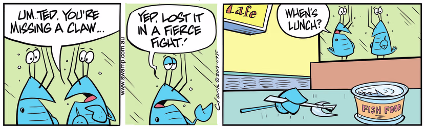 Bob Crayfish enquires from Ted how he lost his claw who says it went in fierce fight. Swamp Cartoon - Crayfish Fierce FightAugust 8, 2019
