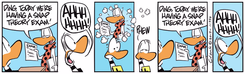 Ding Duck is having a horror daydream where he sees flight instructor giving him a snap theory exam. Swamp Cartoon - Ding Duck DaydreamAugust 26, 2019