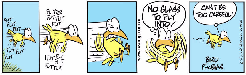 Swamp bird is happily flying and suddenly stops as his phobia of hitting glass overtakes him. Swamp Cartoon - Swamp Bird PhobiasAugust 30, 2019