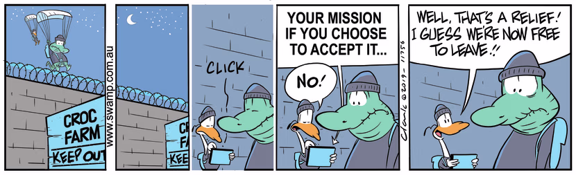 Nit Picker Bird and Old Man Croc have parachuted into croc farm on special mission. Swamp Cartoon - Nit Picker Bird MissionSeptember 2, 2019