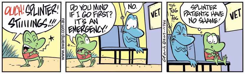 Mort Frog arrives at the vet in pain from a splinter and asks a fish if he can first. Swamp Cartoon - Mort Frog Splinter PainSeptember 13, 2019
