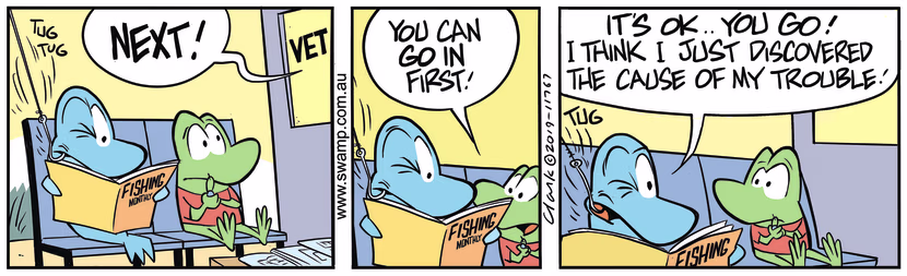 While waiting to see the vet, the Fish is reading a magazine and discovers cause of his injury. Swamp Cartoon - Fish Reading MagazineSeptember 14, 2019