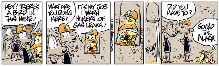 While down in the mine shaft, Cheese Rat emits some gas and the canary falls off his perch. Swamp Cartoon - Cheese Rat Gas LeakSeptember 24, 2019