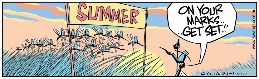 Mosquitoes gather at starting line waiting for the starter's gun to fire to herald in summer. Swamp Cartoon - Mosquitoes Herald In SummerSeptember 26, 2019