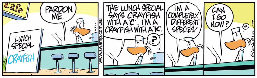 Bob Crayfish informs the apprentice chef that his name is spelled with letter 'k' so he's different crayfish species. Swamp Cartoon - Bob Crayfish Different SpeciesOctober 1, 2019