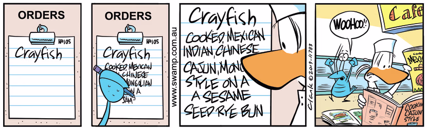 Bob Crayfish tricks the apprentice chef with writing an order for a meal that combines four cooking styles. Swamp Cartoon - Bob Crayfish Tricks ApprenticeOctober 3, 2019