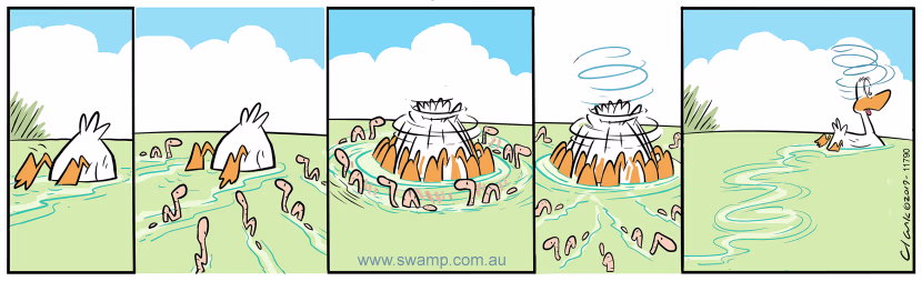 Worms tease the duck by creating a whirlpool that spins around leaving him dizzy. Swamp Cartoon - Worms Teasing DuckOctober 11, 2019