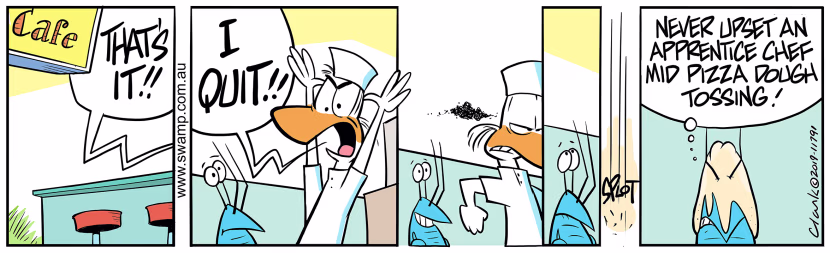 Bob Crayfish upsets Apprentice Chef while pizza making causing him to drop the dough and he quits. Swamp Cartoon - Bob Crayfish Upsets ApprenticeOctober 12, 2019