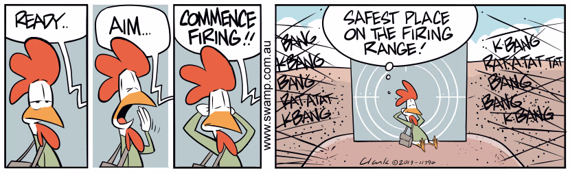 Carrier Pigeon 590 orders firing practice and decides the target is safest place to be. Swamp Cartoon - Safest Place to BeOctober 16, 2019