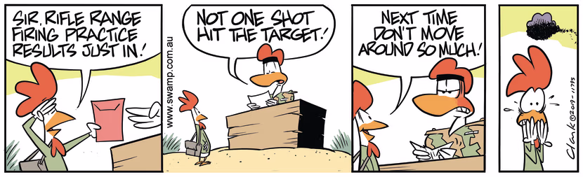 Carrier Pigeon 590 makes a faux pas to his commanding office and he's not happy. Swamp Cartoon - Carrier Pigeon 590 Faux PasOctober 17, 2019