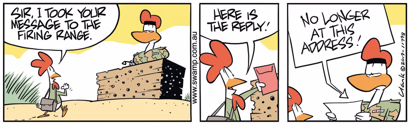 Carrier Pigeon 590 delivers a message to Army Sergeant from the recruits at firing range. Swamp Cartoon - Carrier Pigeon 590 ReplyOctober 19, 2019