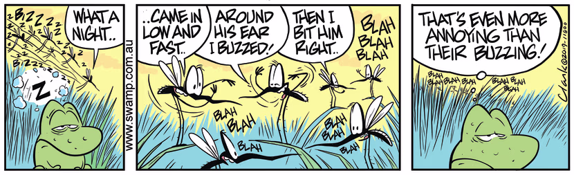 Mosquitoes are so annoying with buzzing around Wart Frog and then boasting to his friends. Swamp Cartoon - Mosquitoes are so AnnoyingOctober 23, 2019