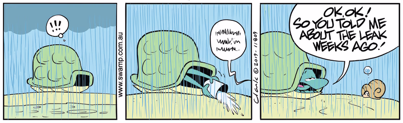 It's bucketing down rain and Snail is reminding Turtle that he told him weeks about the leak. Swamp Cartoon - Snail Reminds Turtle About LeakNovember 2, 2019
