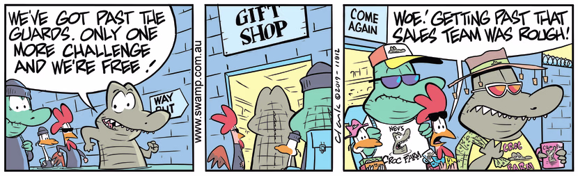 Old Man Croc had rough escape from the crocodile farm when he passed through gift shop. Swamp Cartoon - Old Man Croc Rough EscapeNovember 6, 2019