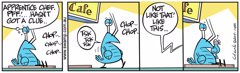 Believing he is clueless, Bob Crayfish shows the apprentice chef how to chop food. Swamp Cartoon - Bob Crayfish Shows Apprentice ChefNovember 30, 2019