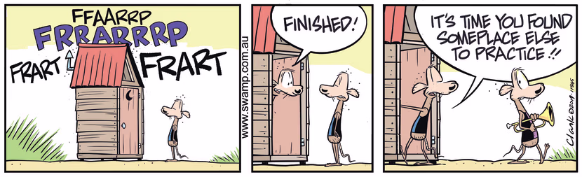 Cheese Rat is not happy with Chives Rat about his trumpet practice taking place in the toilet. Swamp Cartoon - Chives Rat Trumpet PracticeDecember 13, 2019