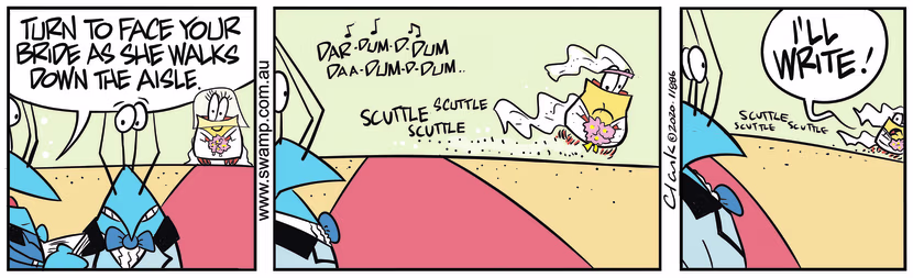 On his wedding day, Frank Crayfish sees his bride leave him at the altar to scurry away. Swamp Cartoon - Frank Crayfish Wedding DayFebruary 3, 2020