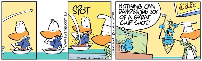Bob Crayfish and Frank have been enjoying golf and Frank is particularly excited about his chip shot. Swamp Cartoon - Bob Crayfish Chip ShotFebruary 14, 2020