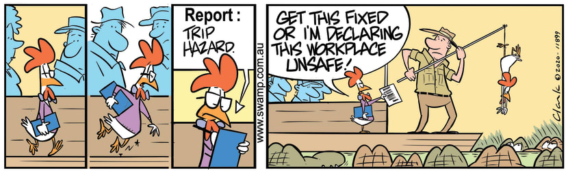 Workplace Health and Safety Officer reports a trip hazard to Swamp Tour Boat Operator. Swamp Cartoon - Swamp Tour Boat Trip HazardFebruary 18, 2020