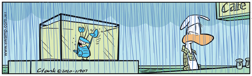 From under water in his fish tank, Bob Crayfish has last laugh when he sees chef being rained upon Swamp Cartoon - Bob Crayfish Has Last LaughFebruary 28, 2020