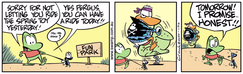 Fergus Fly is heartbroken as he wants to ride spring toy frog but it's occupied by Wild Duck. Swamp Cartoon - Fergus Fly HeartbrokenMarch 7, 2020