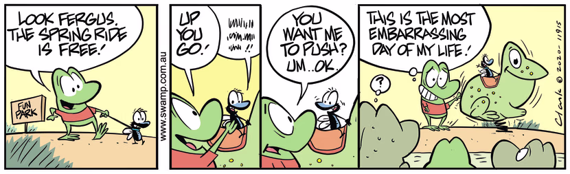 Mort Frog promised his pet, Fergus fly a ride on Frog Spring Toy when all Swamp Frogs witness it. Swamp Cartoon - Mort Frog Embarrassing MomentMarch 9, 2020
