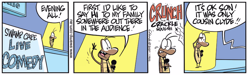 Reggie Roach greets his family in the audience and grimaces at the sound of crunching. Swamp Cartoon - Reggie Roach Evening AllMarch 17, 2020