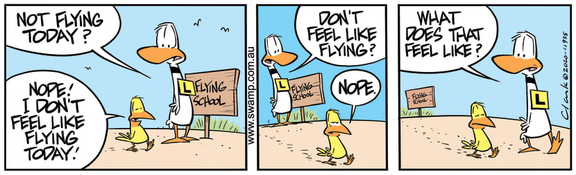 While walking, Ding Duck is chatting with bird about what it's like to not feel like flying. Swamp Cartoon - Ding Duck Questions BirdApril 1, 2020
