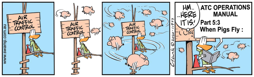 Air Traffic Controller is seeing pigs flying in his air space so he refers to his manual. Swamp Cartoon - When Pigs Fly ManualMay 20, 2020