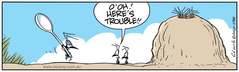 Angry Ant is on the warpath with spoon in hand to stir up trouble in the Ants Nest. Swamp Cartoon - Angry Ant on WarpathMay 29, 2020