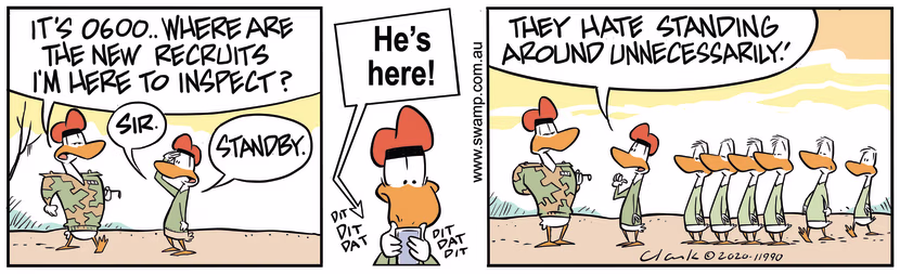 Army Sergeant has arrived to inspect the new recruits but they have to be summoned to appear. Swamp Cartoon - Here to Inspect RecruitsJune 4, 2020