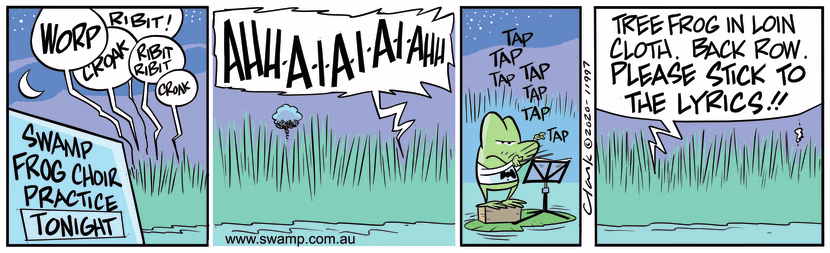 At Swamp Frog Choir practice, the conductor is annoyed that the tree frog is not sticking to the lyrics. Swamp Cartoon - Swamp Frog Choir PracticeApril 17, 2024